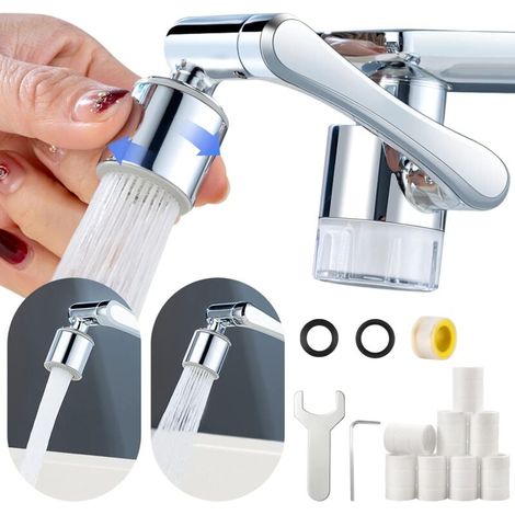 Prolunga per rubinetto FOREHILL con funzione di filtro, rubinetto di prolunga multifunzionale da 1080 gradi, filtro per acqua trasparente, con 8 elementi filtranti e kit di attrezzi per bagno e cucina (1/5)