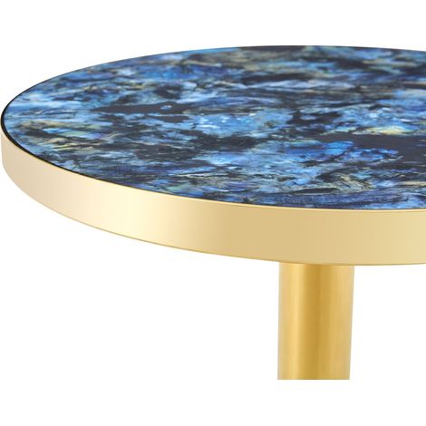 Table ronde moderne, plateau effet marbre avec liseré doré, piètement métal stable noir/or/argent, idéale comme table basse, table de chevet ou table de balcon (1/5)