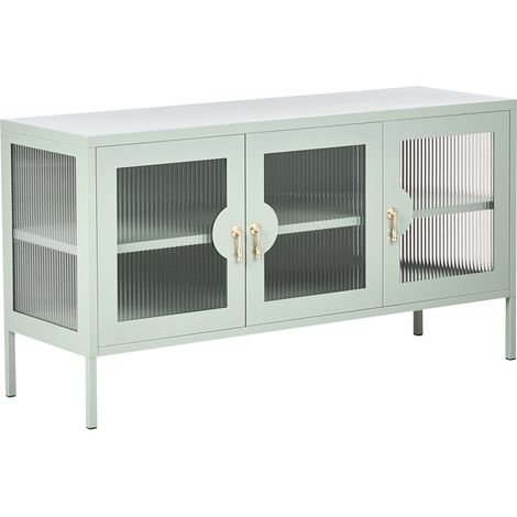 Aparador de 3 puertas armario de metal para oficina puertas de vidrio acanalado estantes estilo industrial verde menta Gleora
