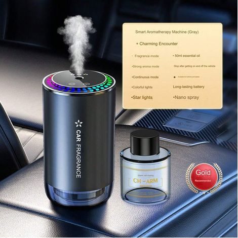 Diffuseur de parfum automatique pour voiture, spray désodorisant en alliage d'aluminium, lumière décorative étoilée multicolore, aromathérapie embarquée, métal élégant (1/4)