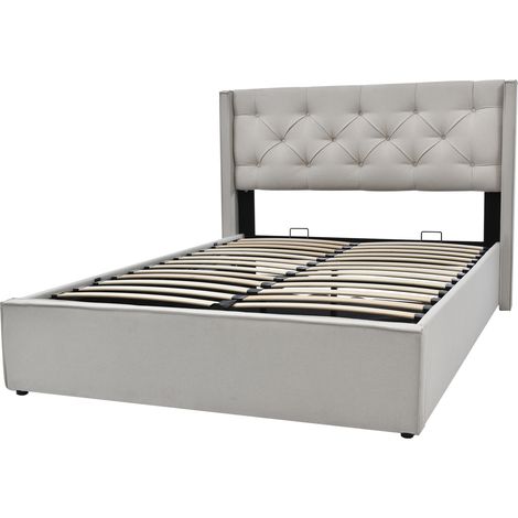 Cama canapé doble hidráulica 140 x 200 cm de algodón gris claro con estructura metálica (1/5)