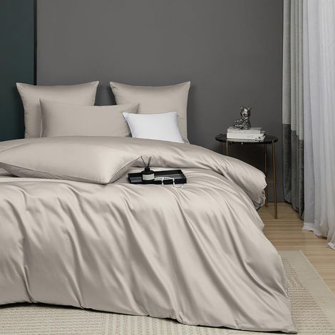 Housse de Couette 240 x 260 Coton Kaki Beige Satin de Coton Parure de Lit Soyeux Respirant Lyocell Soie Linge de Lit 2 Personne avec Fermeture Éclair et Taies d'oreiller 65x65 cm (1/5)