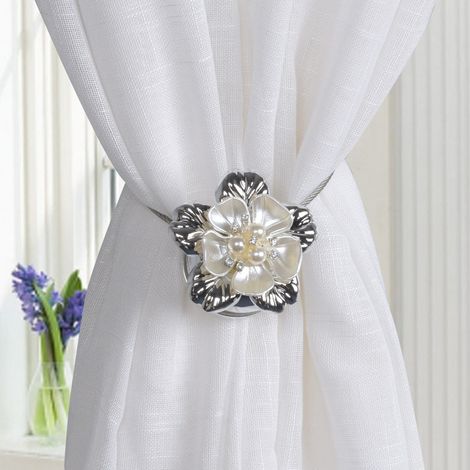 Set di 4 ganci magnetici per tende, elegante fibbia per tende a forma di fiore con chiusura magnetica - Fermatende, fermatende e legatura (argento)