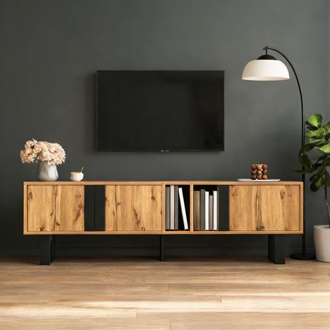 Meuble TV avec rangement asymétrique et pieds en fer natural (1/5)