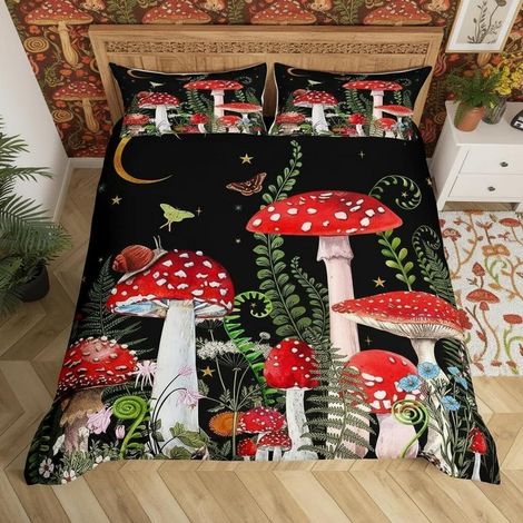 Ensemble de literie Champignon & Escargot 135x200cm, style jungle botanique vintage, microfibre