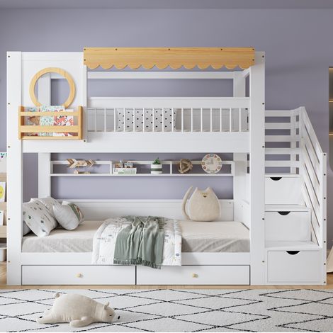 Lit superposé 90x200 cm avec escalier de rangement et 2 tiroirs, en bois, blanc et naturel, sans matelas (1/5)