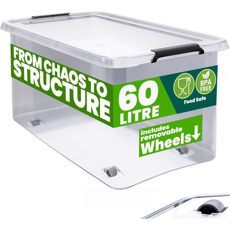 DEUBA® 30/60 Litre Plastic Rolling Storage Boxes w/Lid Stackable Clear BPA-Free  60L (de)