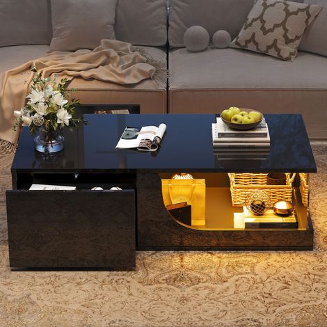 Table basse noire 100x50x30 cm,2 tiroirs,LED et plateau verre trempé. Finition brillante,MDF résistant pour le salon.