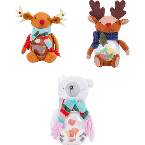 Ensemble de 3 bocaux à friandises en peluche sur le thème de Noël - Bocaux à bonbons en plastique transparent en forme de renne (1/5)