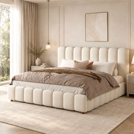 Cama tapizada de matrimonio 180x200 cm con almacenaje hidráulico, somier, cabecero de terciopelo beige (1/5)