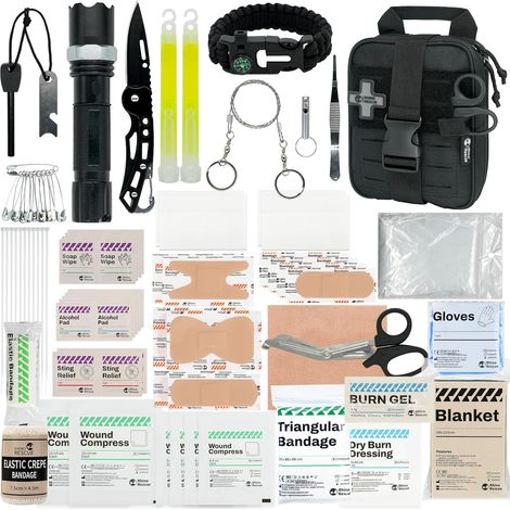 Petite Trousse de Secours avec Outils de Survie, Sac d'urgence pour Voiture, Camping, Voyage en Sac à Dos, Randonnée, Chasse - Noir (1/5)