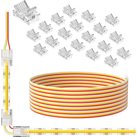 Lot de 20 connecteurs de 10 mm pour bandes LED CCT COB à 3 broches, câble d'extension de 3 m 22 AWG (3 fils) pour connexion sans soudure, connexion sans espace, 5 V, 12 V, 24 V (1/5)
