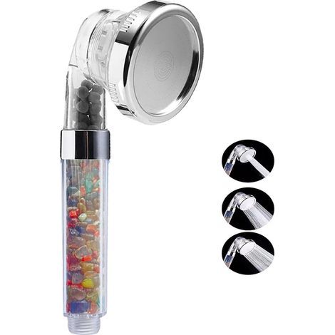 Pommeau Douche Anti Calcaire Haute Pression, pommeau de douche à filtre minéral avec 3 modes de pulvérisation, cristaux de guérison naturels, pierres précieuses, équilibre du pH, aide la peau sèche (1/5)