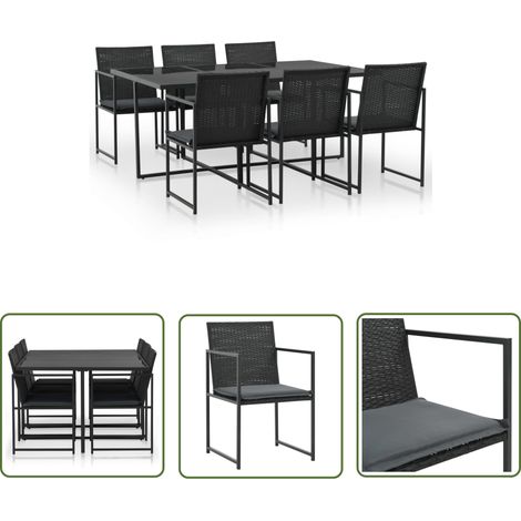 The Living Store 7-tlg. Garten-Essgruppe mit Auflagen Poly Rattan Schwarz - Gartensofa - Gartenstuhl - Gartenmöbel Set - Outdoor Furniture - Rattan Gartenmöbel (1/5)
