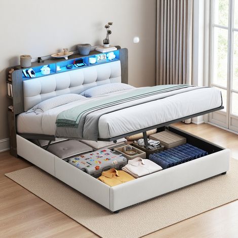 Cama de matrimonio 140x200 cm, somier, cabecero con cargador inalámbrico y luz ambiental, cama hidráulica con espacio de almacenaje, franela beige (1/5)