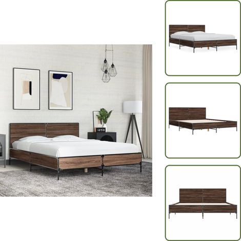 Cama de metal - vidaXL Estructura cama madera ingeniería metal marrón roble 135x190 cm - Cama de madera ingeniería