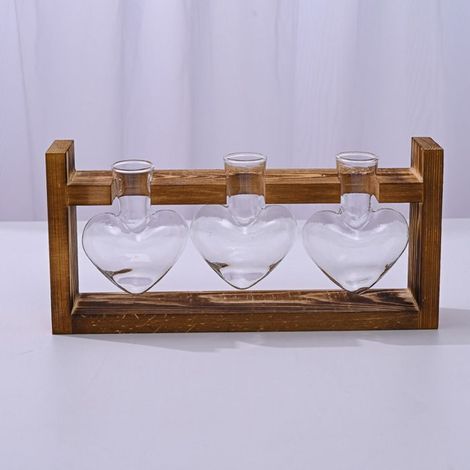 Lot de 3 vases hydroponiques cœur – Support bois – 27,6x5,7x13 cm – Station culture – Décoration (1/5)