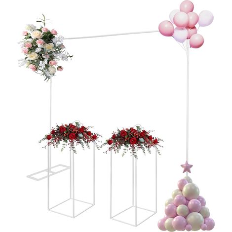 2 x 2 m d'arche de ballon de cérémonie + 2 supports de fleurs de 27 x 27 x 80 cm en métal carré pour mariage, anniversaire, fête, cérémonie, décoration de jardin (blanc) (1/5)