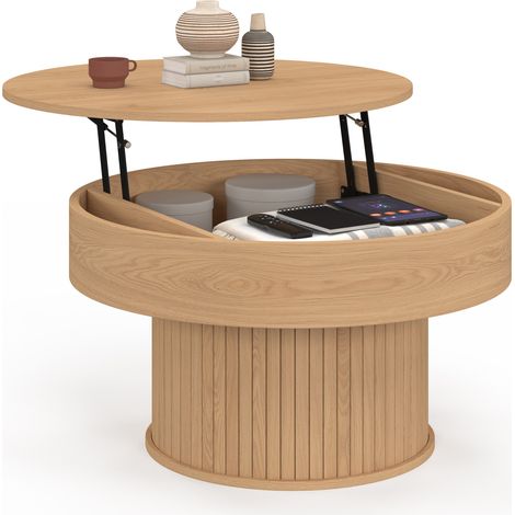 Table basse plateau relevable ronde JULIETTE 70 cm lattes tasseau bois coloris chêne