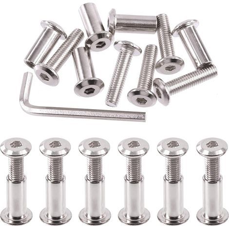 Lot de 25 vis de liaison en argent plaquées nickel M6 x 25 mm, vis à tête hexagonale, écrous de baril avec 1 clé Allen, tige de vis pour meubles (1/5)