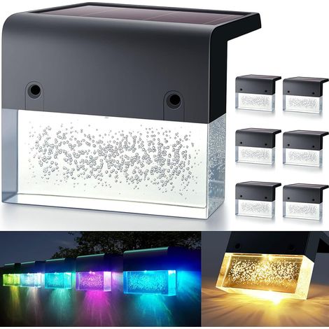 Lampe solaire de terrasse, lampe d'escalier extérieure à LED, ultra-lumineuse (10 lumens), 2 modes d'éclairage, lampe acrylique (blanc chaud/couleur changeante), lot de 6-AquaForge