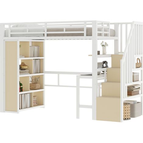 Lit mezzanine 90x200 cm avec bureau, rangements intégrés, escalier coffre et bande LED, structure métal et MDF, blanc, sans matelas - CHICFURN (1/5)