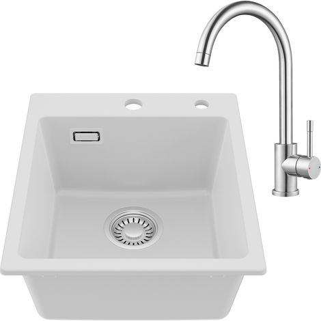 CECIPA MAX Weiße Granit Küchenspüle 40 x 45 cm & Edelstahl-Küchenarmatur - Perfekt aufeinander abgestimmt, inkl. Siphon-Set (1/5)