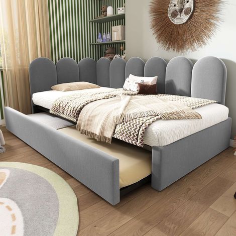 Lit gigogne enfant 90x200 cm en velours gris, daybed avec lit tiroir 90x190 cm, canapé-lit, sommier à lattes inclus, sans matelas (1/5)