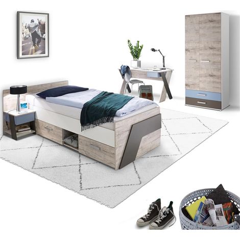 Jugendzimmer Set mit Bett 90x200 cm 4-teilig mit Kleiderschrank LEEDS-10 in Sandeiche Nb. mit weiß, Lava und Denim Blau (1/5)