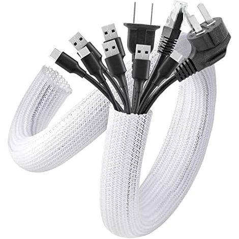 Protège-câble AGPTEK, protège-câble autobloquant, gaine tressée et prédécoupée, flexible 3 m, diamètre 12-20 mm, dissimulable sous un bureau, un téléviseur ou au sol, blanc. (1/5)