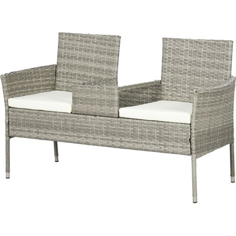 Canapé de jardin 2 places avec table basse, en acier et rotin PE, 137x59x82 cm, Gris et Crème (1/5)