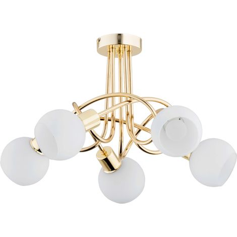 Alfa ERYKA 63186 Gold/Brass 5-Light Ceiling Lamp with White Glass Shades, Modern Decorative Flush Mount for Living Room, Dining & Hallway, 5xE14 Max 10W, IP20, Dimmable