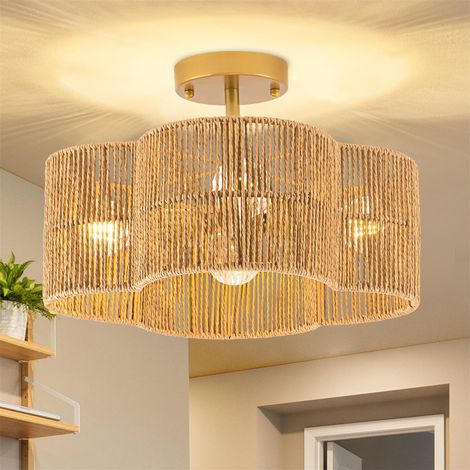 Plafonnier semi-encastré 4 lumières 38CM abat-jour en rotin avec abat-jour tissé à la main, ampoule E26 adaptée à la cuisine (1/5)