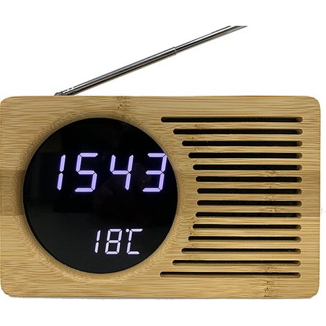 1 radio-réveil rétro en bois, écran numérique HD, rétroéclairage doux, miroir en bambou, dimensions 16,5 x 4,5 x 9 cm (1/5)