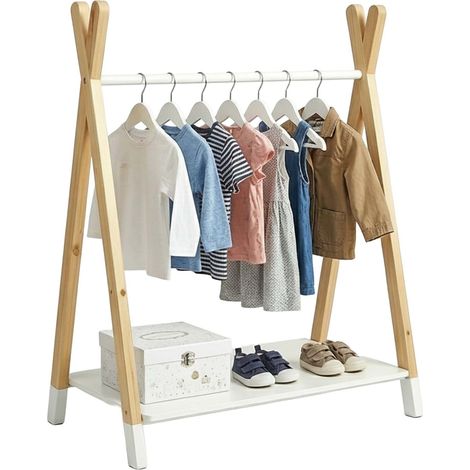 Relaxdays perchero infantil, (Al x An x Prof): 100 x 80 x 40 cm, barra para colgar, madera de pino, natural/blanco (1/5)