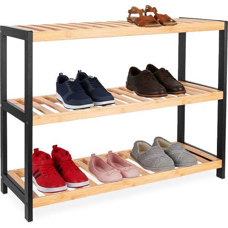 Scarpiera Relaxdays, HxLxP: 55 x 70 x 26 cm, bambù, 3 ripiani, 9 paia di scarpe, stendi-scarpe, naturale/nero