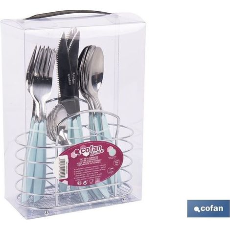 Ensemble de 24 couverts en acier inoxydable au design fonctionnel en bleu (panier inclus)