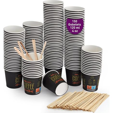 150 gobelets à café jetables 120 ml, gobelets jetables en carton avec agitateurs à café en bois. Pour les boissons chaudes et froides. (1/5)