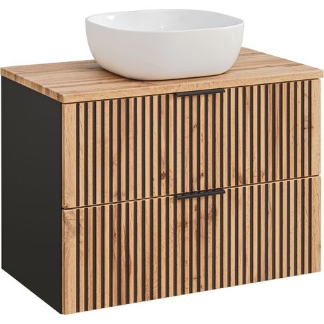 Meuble sous vasque à suspendre XILO NOIR CHÊNE 80 cm avec le plan CHÊNE et avec sa vasque VERA - style industriel (1/5)