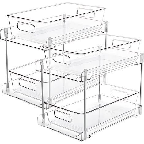 2 Pack Double Tier Clear Plastic Drawer Organizer Under Sink Sliding Drawers with Tray Multifunctional Storage Rack Drying Rack Spice Rack with Handle and Anti-slip Feet (1/5)