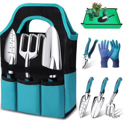 Kit à Outils de Jardinage, 7 Pièces Outil Jardinage, Ensemble Cadeau Jardin Résistant à la Rouille avec Un Fourre-Tout