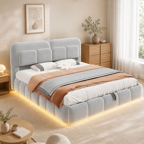 Lit coffre 140x200 cm avec LED, velours gris, rangement hydraulique OKMYHOME (1/5)