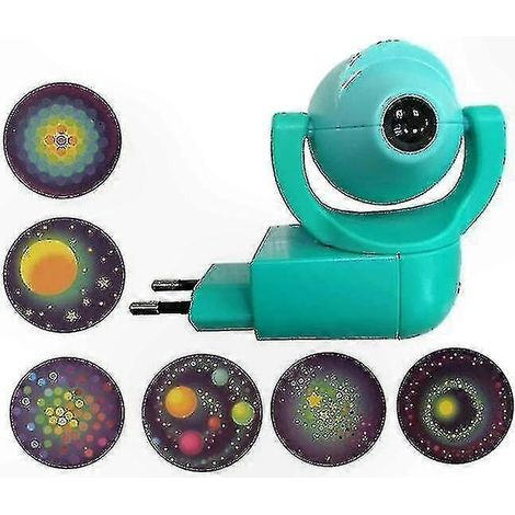 Lampe projecteur étoiles et lune avec 6 motifs rotatifs et capteur, veilleuse LED pour chambre de bébé, adaptateur UE inclus, couleur cyan (1/4)