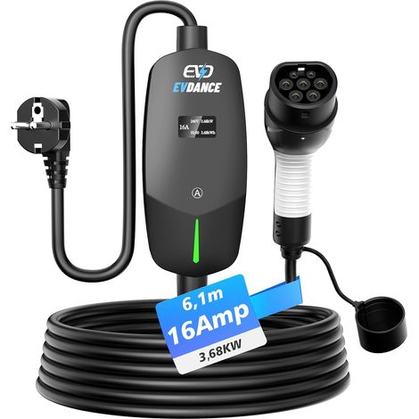 Chargeur Voiture Electrique (3,68 KW, 6-16A, 6,1m) avec Écran OLED 6-16A Intensité Réglable, Câble Recharge Voiture Électrique Type 2, Étanche IP66, Sac Portable, pour EV IEC 62196-2 (1/5)
