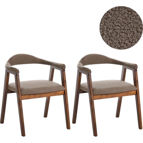 Set of 2 Dining Chairs Brown Upholstered Seat Backrest Boucle Polyester Rubber Wood Frames Retro Style Dining Room ONECO (1/5)