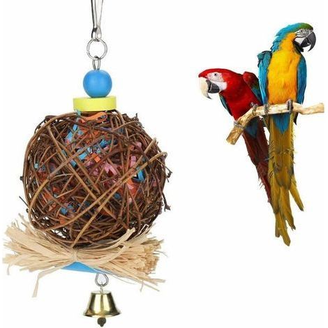 Bird Parrot Toy, Bird Chew Toy, Natural Rattan Ball with Paper Strips and Metal Bell, Bird Parrot Toys Swing for Birds, Parakeets, Parrot P (1/5)
