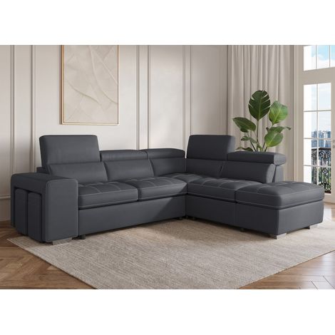 Deco In Paris – Canapé d'angle convertible gris 3 places – Largeur 262 cm – Couchage 119 x 182 cm – Coffre de rangement intégré – 2 poufs inclus (1/5)