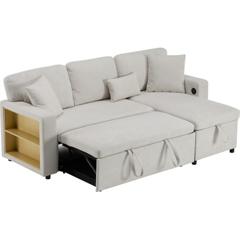 Canapé-lit d'angle, canapé d'angle en L convertible et extensible, avec coffre de rangement et étagère intégrée, beige (1/5)