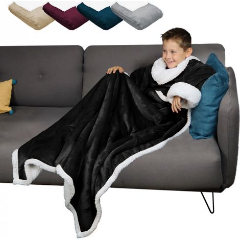 Couverture polaire, plaid intégral avec manches et poche - 120 x 160 cm - Sherpa et flanelle - Enfant - Noir - Vivezen (1/5)