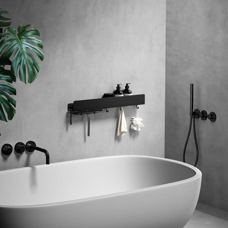 Étagère de douche sans perçage - 50 cm - En acier inoxydable - Avec 5 crochets amovibles - Support de shampooing pour douche, étagère suspendue, étagère de salle de bain - Noir (1/5)